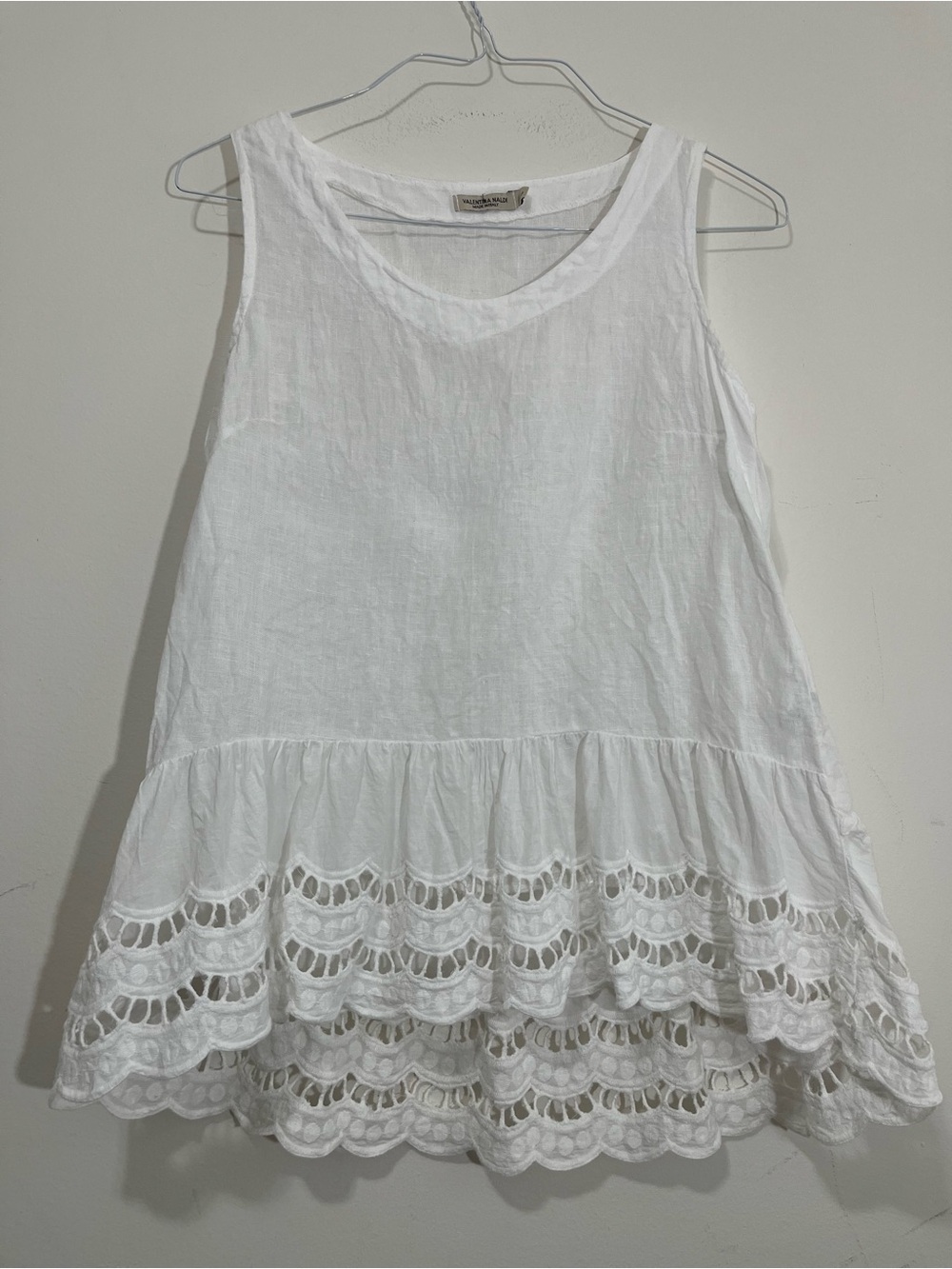 Valentina Naldi White Linen Top Made in Italy Sleeveless Peplum Eyelet Size S